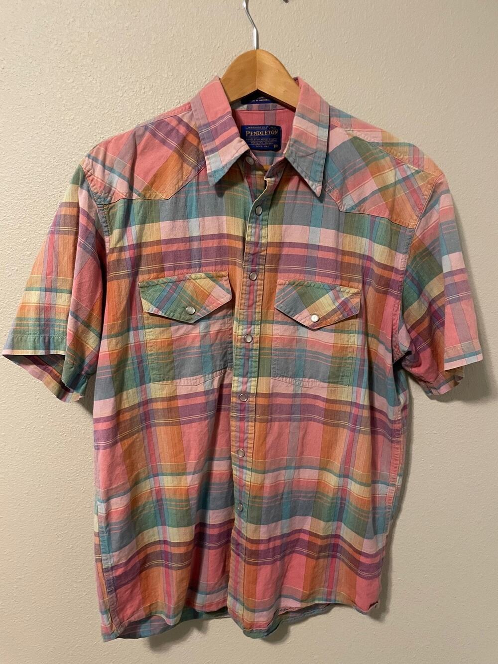 Pendleton Shirt Mens Medium Multicolor Plaid Short Sleeve Snap Front Western